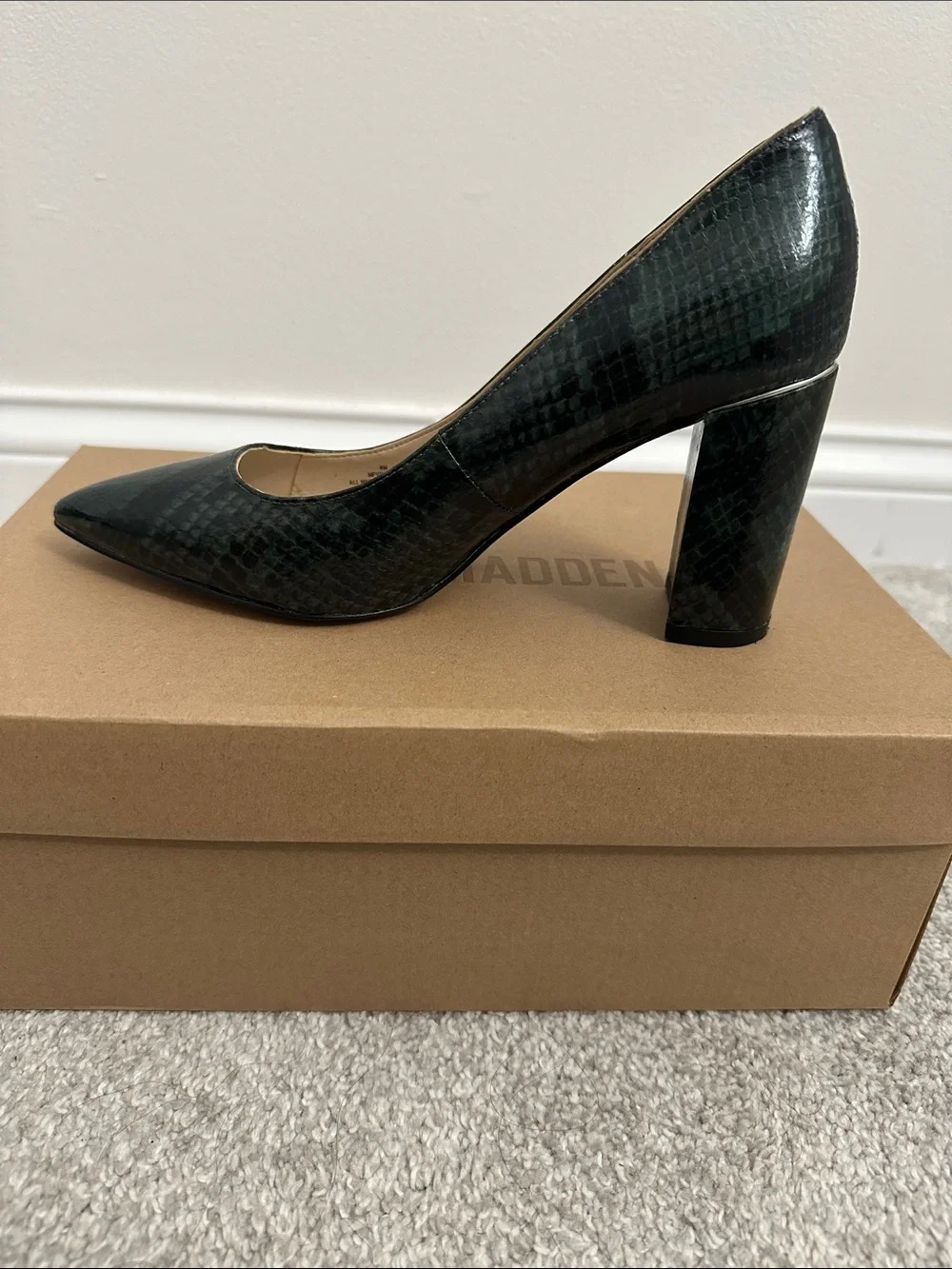 Marc Fisher Dark Green Snake-Print Pointed Block Heel Pumps